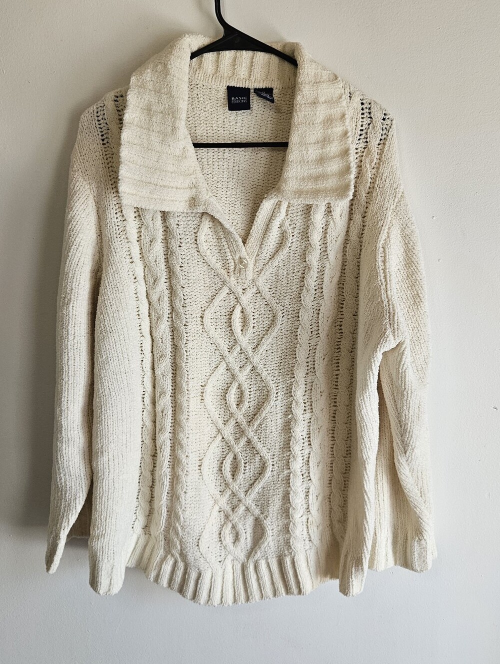 Basic Editions Cream Chenille Cable Knit Sweater Collared V-Neck Pullover 1X
